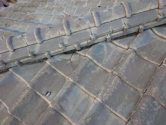 よく瓦を見てみるとヒビが入っています。<br />
上から見ないと分からない部分ですが、経年劣化で傷んでいることはよくあります。